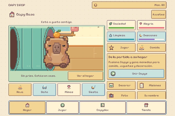 A pixel art capybara in its home, alongside care controls.