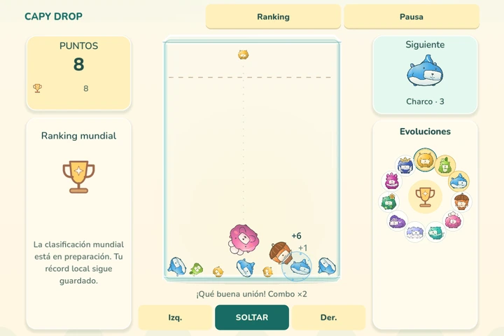 The Capy Drop puzzle with round characters merging inside a bowl and a score display.