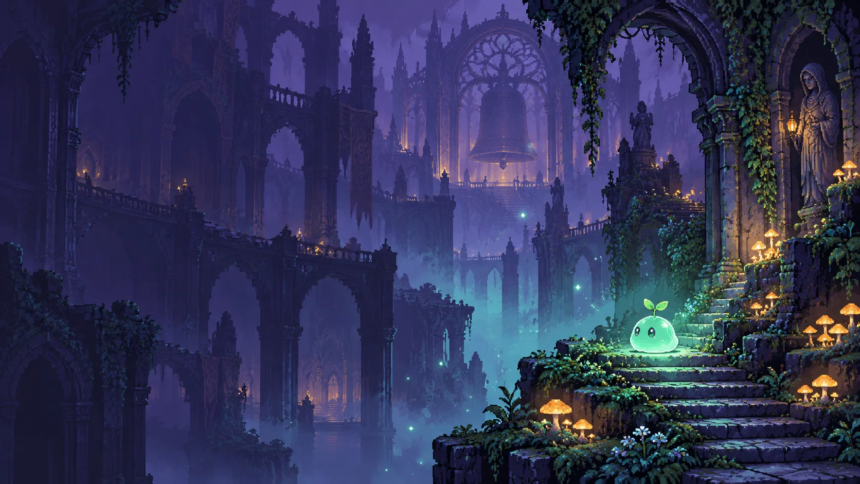 SlimeBound title artwork: a tiny green slime explores vast violet ruins lit by golden mushrooms.